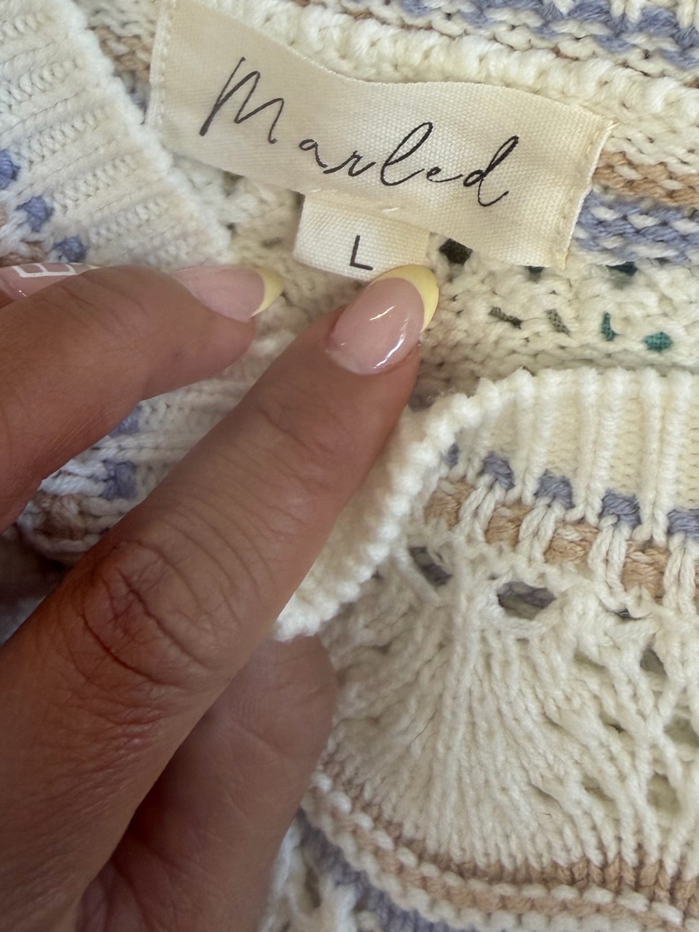 Marled Cream Eyelet Knit Sweater with Blue and Tan Stripes Size Large - Picture 5 of 7